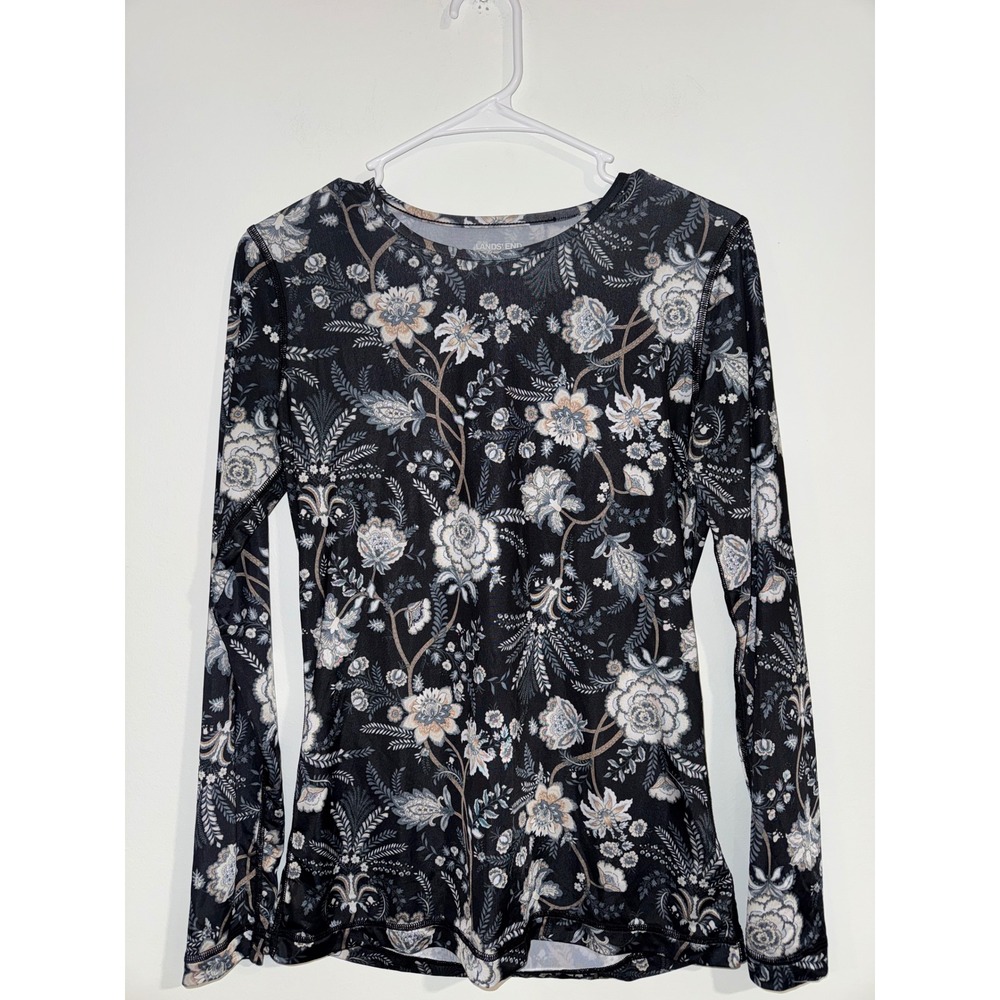 Lands End Floral Long Sleeve Crewneck Top Womens Small Black Grey Botanical